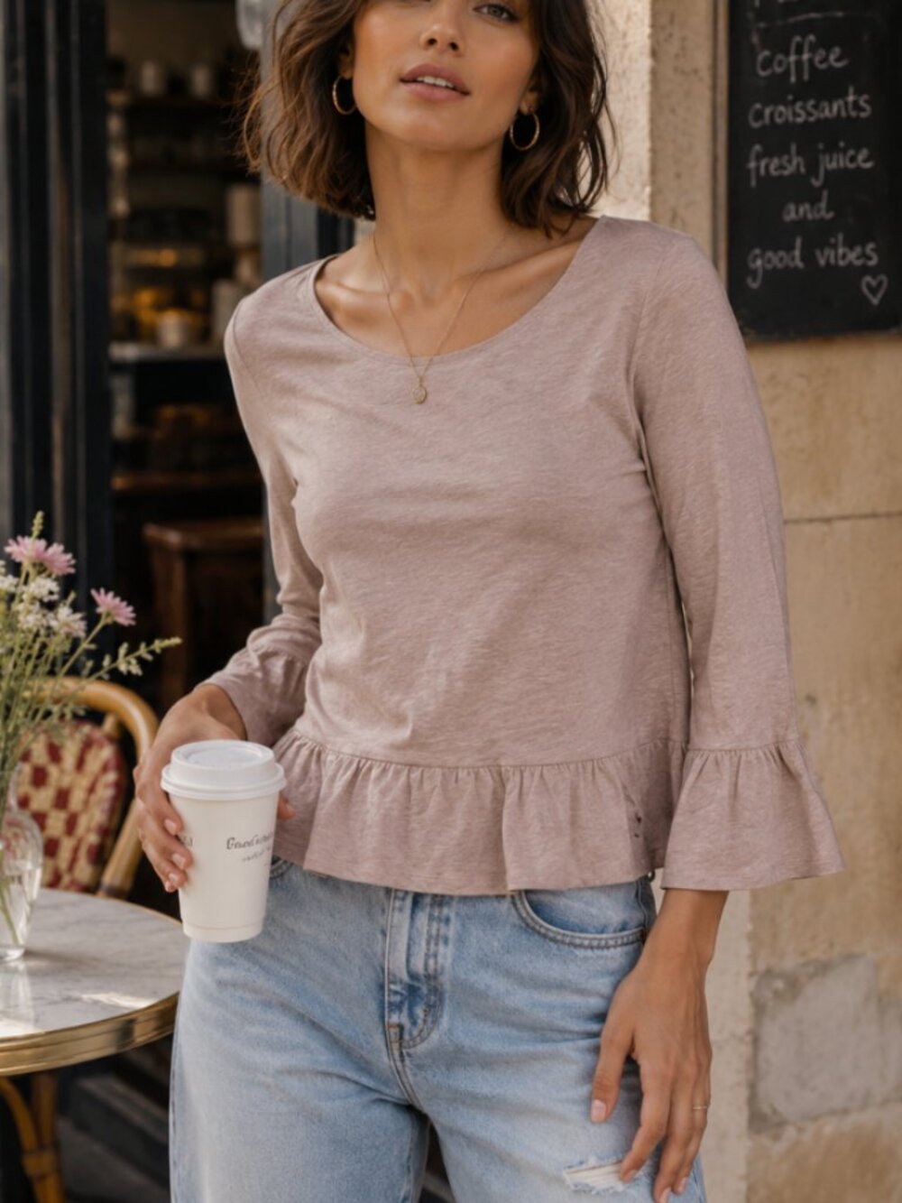 NWT Boden Light Pink Linen Flare Peplum Jersey 3/4 Sleeve Top Size S J0201